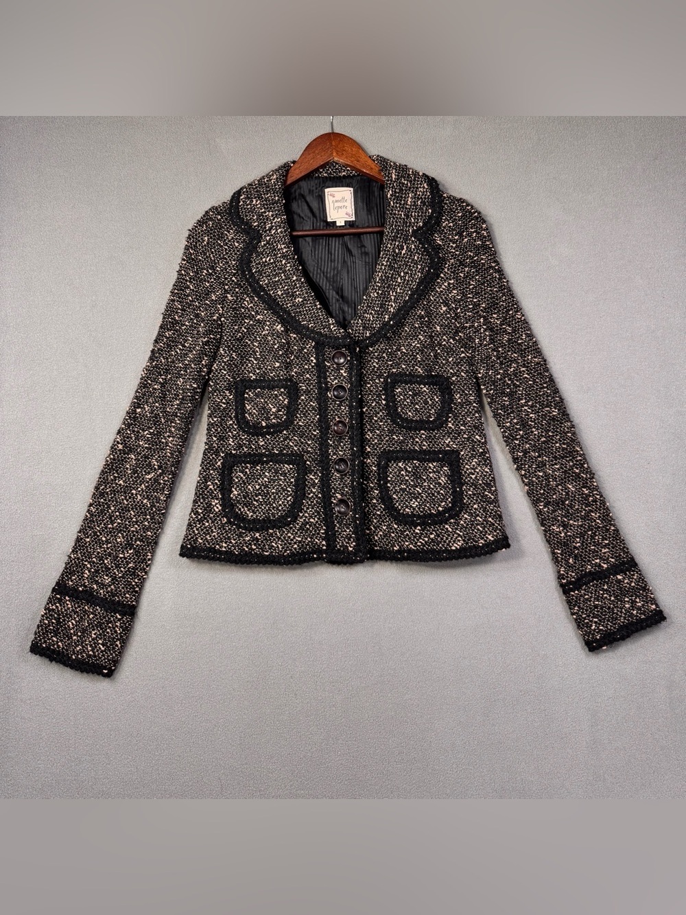 💕 Y2K Vintage 💕 Nanette Lepore Wool Blend Black & Ivory Tweed Blazer, Small